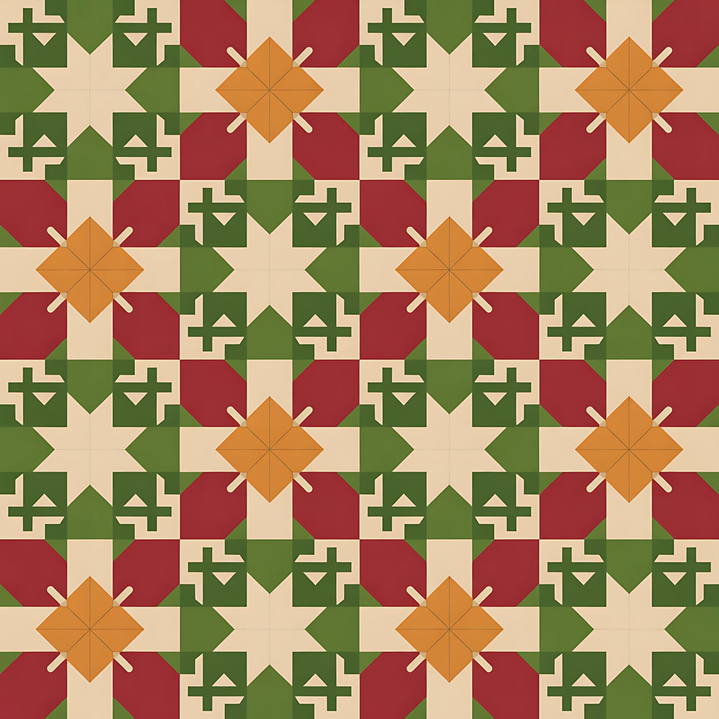 forest green, burgundy red, cream beige, orange amber, geometric stars, folk motifs, cross patterns, diamond shapes, scandinavian design, christmas theme, holiday pattern, quilting cotton, fabric panel, winter colors, nordic style, repeating pattern, festive motifs, earthy tones, rustic charm