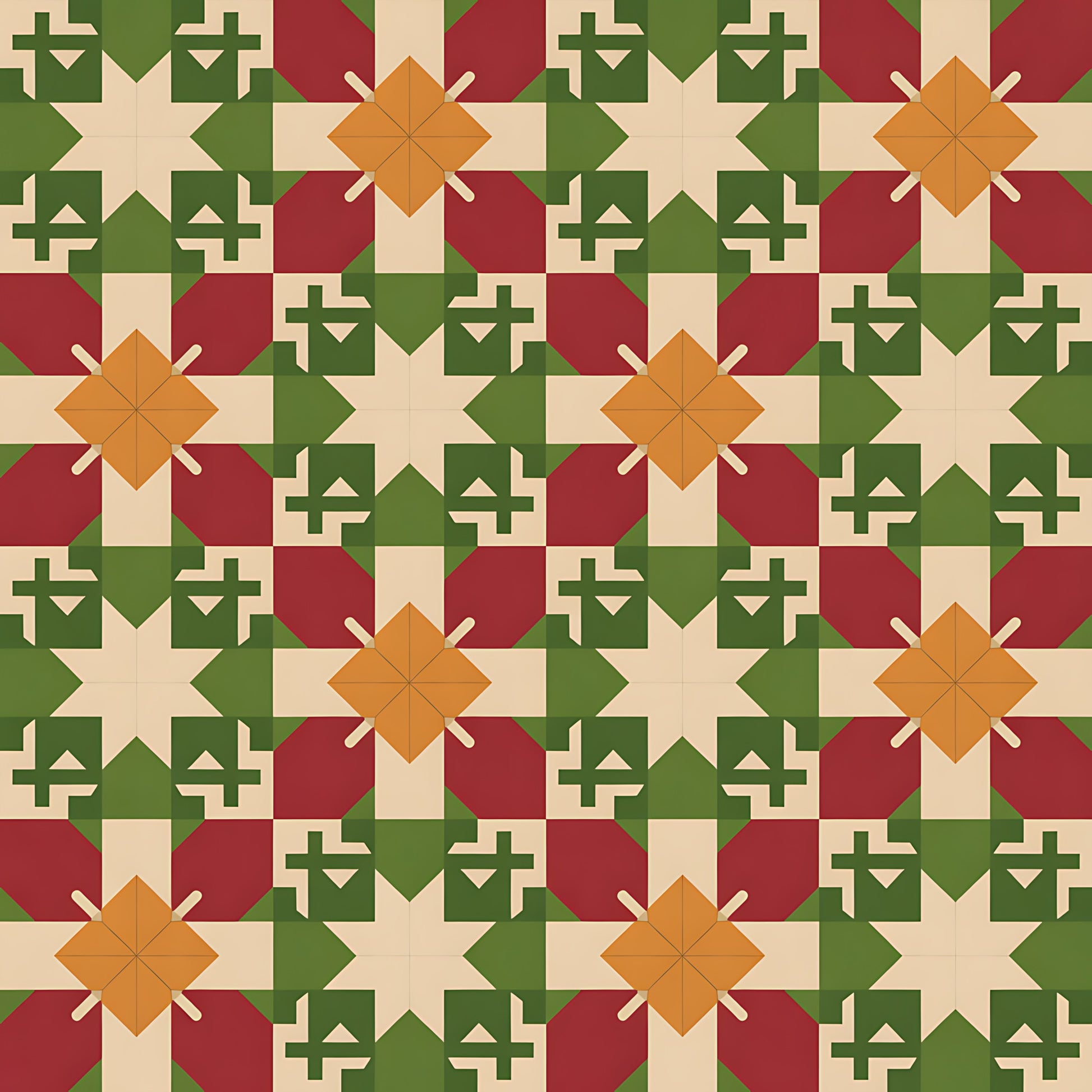 forest green, burgundy red, cream beige, orange amber, geometric stars, folk motifs, cross patterns, diamond shapes, scandinavian design, christmas theme, holiday pattern, quilting cotton, fabric panel, winter colors, nordic style, repeating pattern, festive motifs, earthy tones, rustic charm