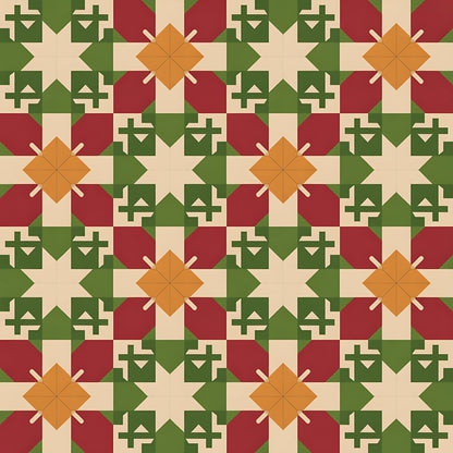 forest green, burgundy red, cream beige, orange amber, geometric stars, folk motifs, cross patterns, diamond shapes, scandinavian design, christmas theme, holiday pattern, quilting cotton, fabric panel, winter colors, nordic style, repeating pattern, festive motifs, earthy tones, rustic charm