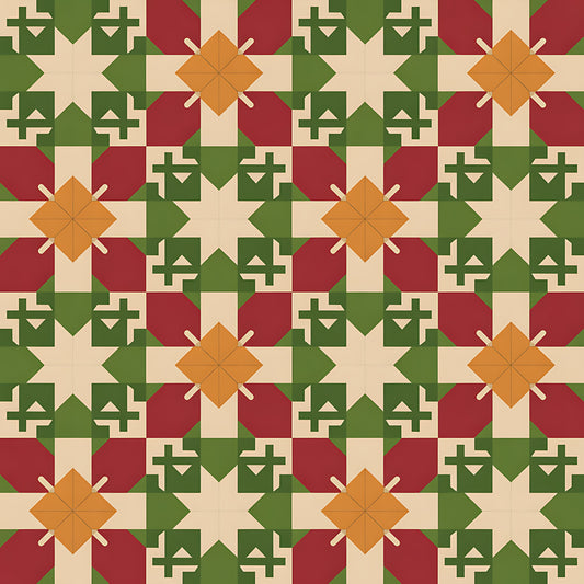 forest green, burgundy red, cream beige, orange amber, geometric stars, folk motifs, cross patterns, diamond shapes, scandinavian design, christmas theme, holiday pattern, quilting cotton, fabric panel, winter colors, nordic style, repeating pattern, festive motifs, earthy tones, rustic charm