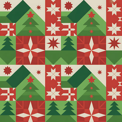 red, green, cream, beige, christmas trees, geometric stars, folk art, scandinavian design, quilting cotton, fabric panel, holiday motifs, repeating pattern, festive colors, winter theme, nordic style, patchwork blocks, decorative stars, seasonal fabric, christmas quilting, geometric shapes
