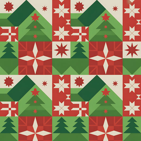 red, green, cream, beige, christmas trees, geometric stars, folk art, scandinavian design, quilting cotton, fabric panel, holiday motifs, repeating pattern, festive colors, winter theme, nordic style, patchwork blocks, decorative stars, seasonal fabric, christmas quilting, geometric shapes