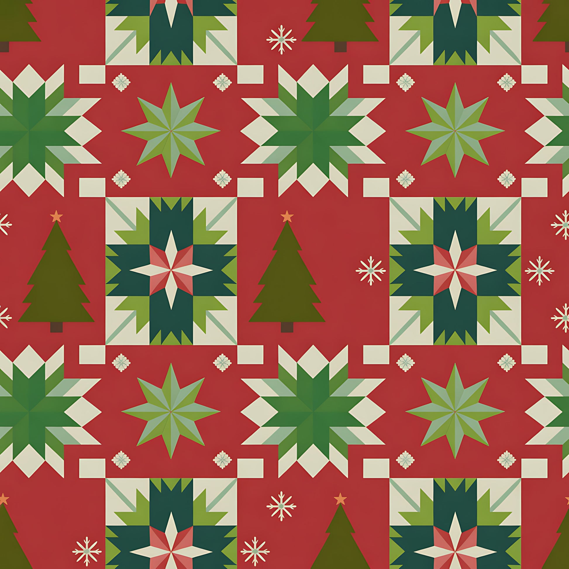 scandinavian folk, christmas pattern, quilting cotton, fabric panel, red background, forest green, cream white, geometric stars, quilt blocks, snowflakes, christmas trees, nordic design, winter motifs, holiday fabric, star patterns, festive colors, patchwork design, seasonal fabric, folk art style, quilting material