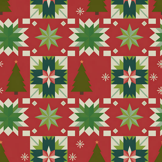 scandinavian folk, christmas pattern, quilting cotton, fabric panel, red background, forest green, cream white, geometric stars, quilt blocks, snowflakes, christmas trees, nordic design, winter motifs, holiday fabric, star patterns, festive colors, patchwork design, seasonal fabric, folk art style, quilting material