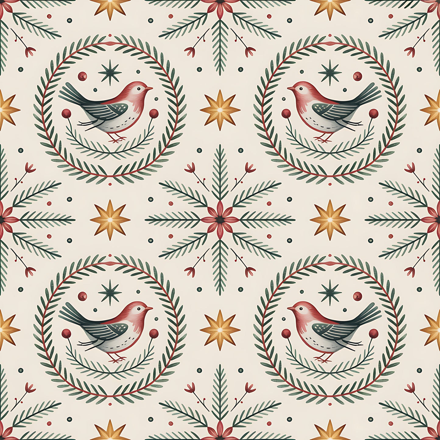 scandinavian folk, christmas pattern, quilting cotton, fabric panel, winter birds, robins, wreath motifs, pine branches, eight-pointed stars, burgundy red, forest green, cream background, golden yellow, folk art style, botanical elements, repeating pattern, holiday fabric, bird illustrations, evergreen sprigs, festive design