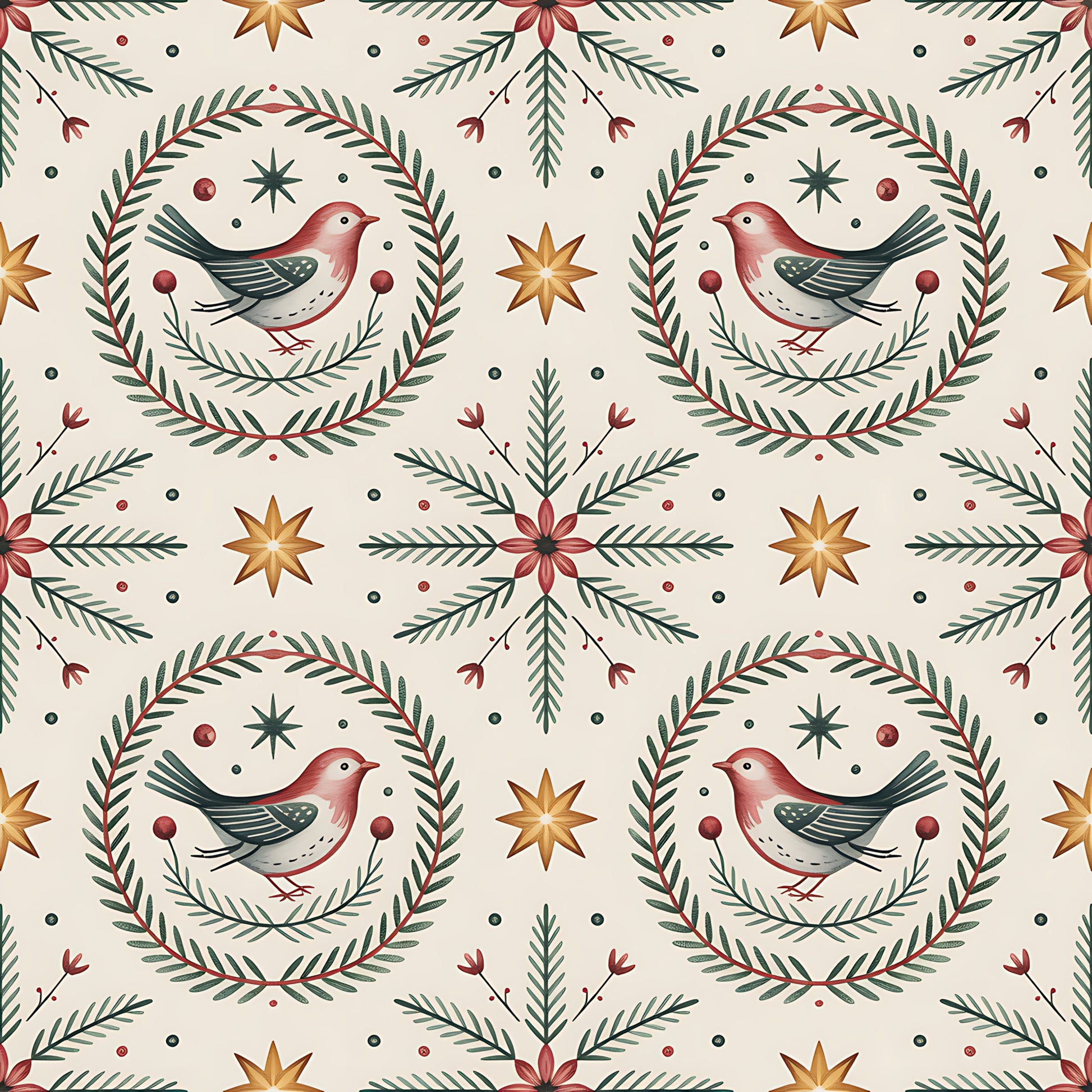 scandinavian folk, christmas pattern, quilting cotton, fabric panel, winter birds, robins, wreath motifs, pine branches, eight-pointed stars, burgundy red, forest green, cream background, golden yellow, folk art style, botanical elements, repeating pattern, holiday fabric, bird illustrations, evergreen sprigs, festive design