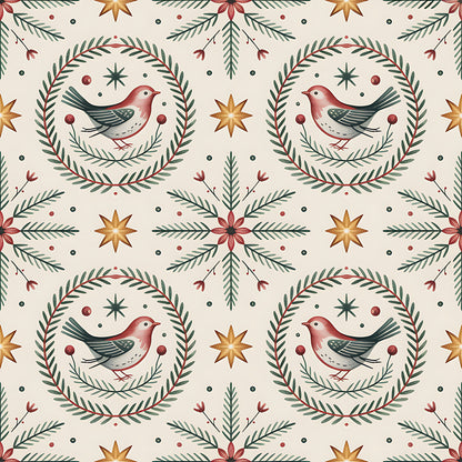 scandinavian folk, christmas pattern, quilting cotton, fabric panel, winter birds, robins, wreath motifs, pine branches, eight-pointed stars, burgundy red, forest green, cream background, golden yellow, folk art style, botanical elements, repeating pattern, holiday fabric, bird illustrations, evergreen sprigs, festive design