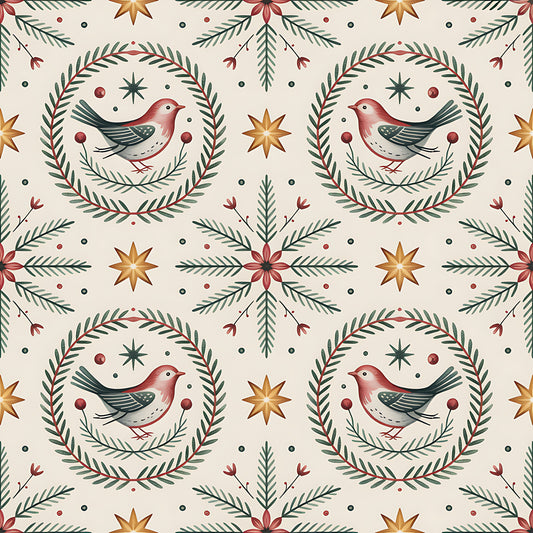 scandinavian folk, christmas pattern, quilting cotton, fabric panel, winter birds, robins, wreath motifs, pine branches, eight-pointed stars, burgundy red, forest green, cream background, golden yellow, folk art style, botanical elements, repeating pattern, holiday fabric, bird illustrations, evergreen sprigs, festive design