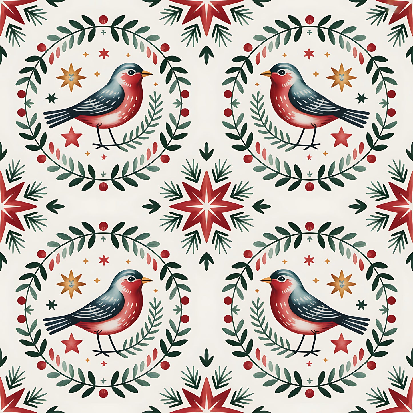 red, green, cream, beige, orange, robins, birds, wreaths, stars, folk art, scandinavian, christmas, winter, botanical, leaves, berries, quilting cotton, fabric panel, geometric patterns, seasonal motifs, holiday design, nordic style