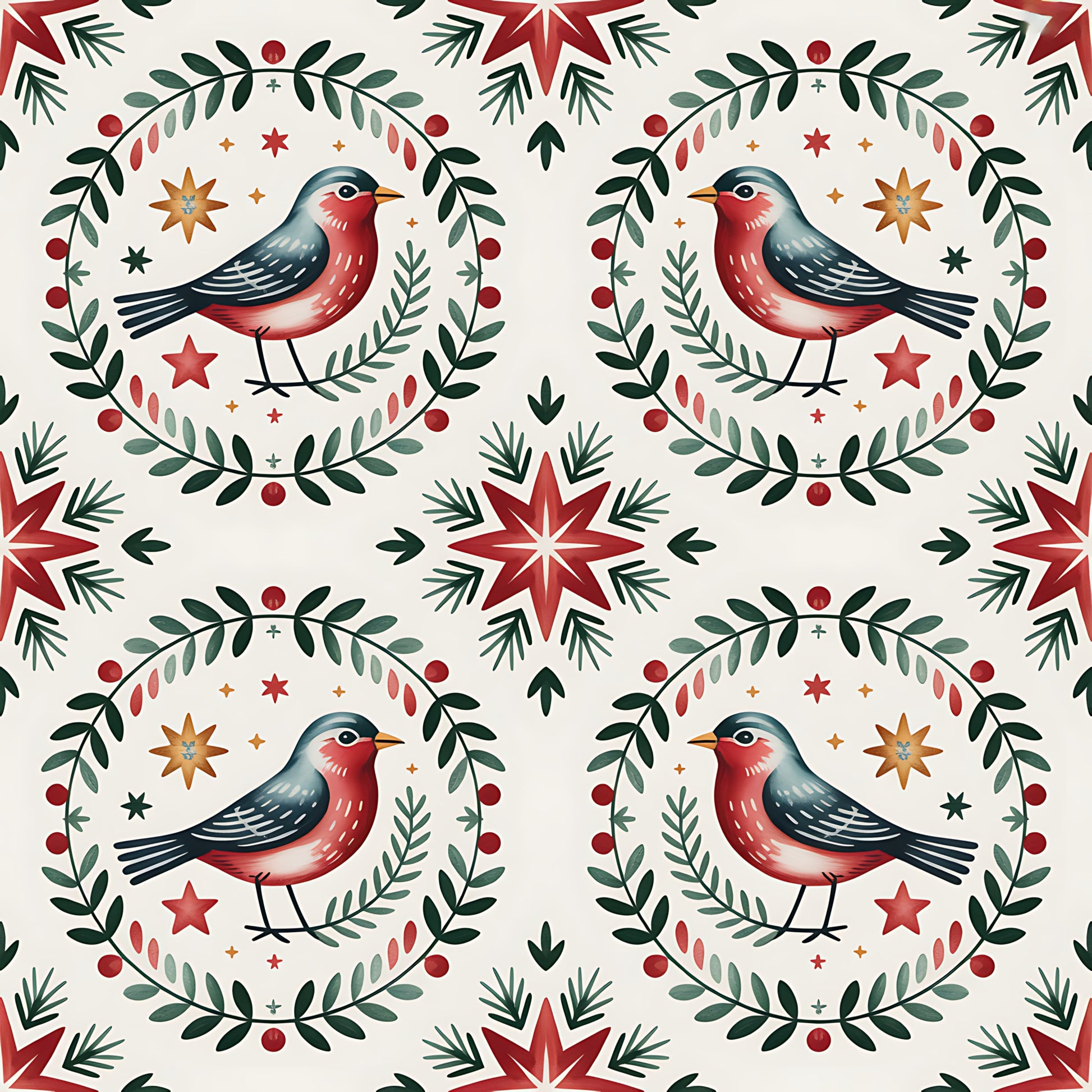 red, green, cream, beige, orange, robins, birds, wreaths, stars, folk art, scandinavian, christmas, winter, botanical, leaves, berries, quilting cotton, fabric panel, geometric patterns, seasonal motifs, holiday design, nordic style