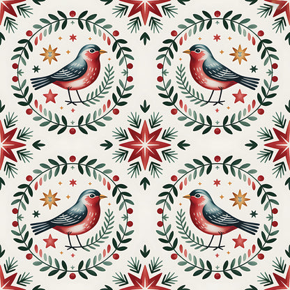 red, green, cream, beige, orange, robins, birds, wreaths, stars, folk art, scandinavian, christmas, winter, botanical, leaves, berries, quilting cotton, fabric panel, geometric patterns, seasonal motifs, holiday design, nordic style