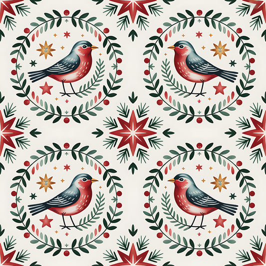 red, green, cream, beige, orange, robins, birds, wreaths, stars, folk art, scandinavian, christmas, winter, botanical, leaves, berries, quilting cotton, fabric panel, geometric patterns, seasonal motifs, holiday design, nordic style