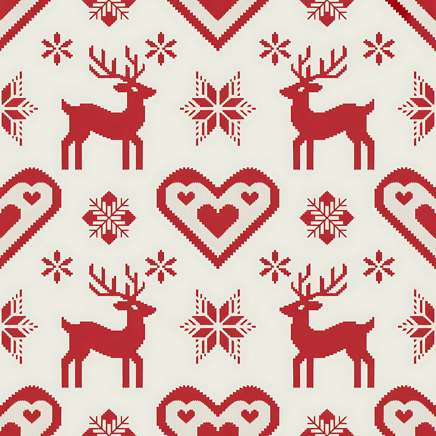red, cream, beige, reindeer, deer, snowflakes, hearts, chevron, zigzag, geometric patterns, scandinavian, nordic, folk art, winter, christmas, holiday, quilting cotton, fabric panel, knit style, fair isle