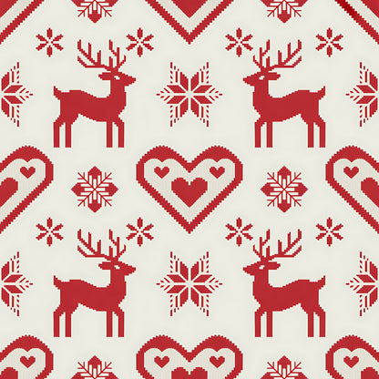 red, cream, beige, reindeer, deer, snowflakes, hearts, chevron, zigzag, geometric patterns, scandinavian, nordic, folk art, winter, christmas, holiday, quilting cotton, fabric panel, knit style, fair isle