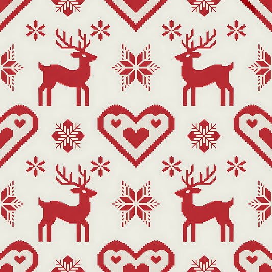 red, cream, beige, reindeer, deer, snowflakes, hearts, chevron, zigzag, geometric patterns, scandinavian, nordic, folk art, winter, christmas, holiday, quilting cotton, fabric panel, knit style, fair isle