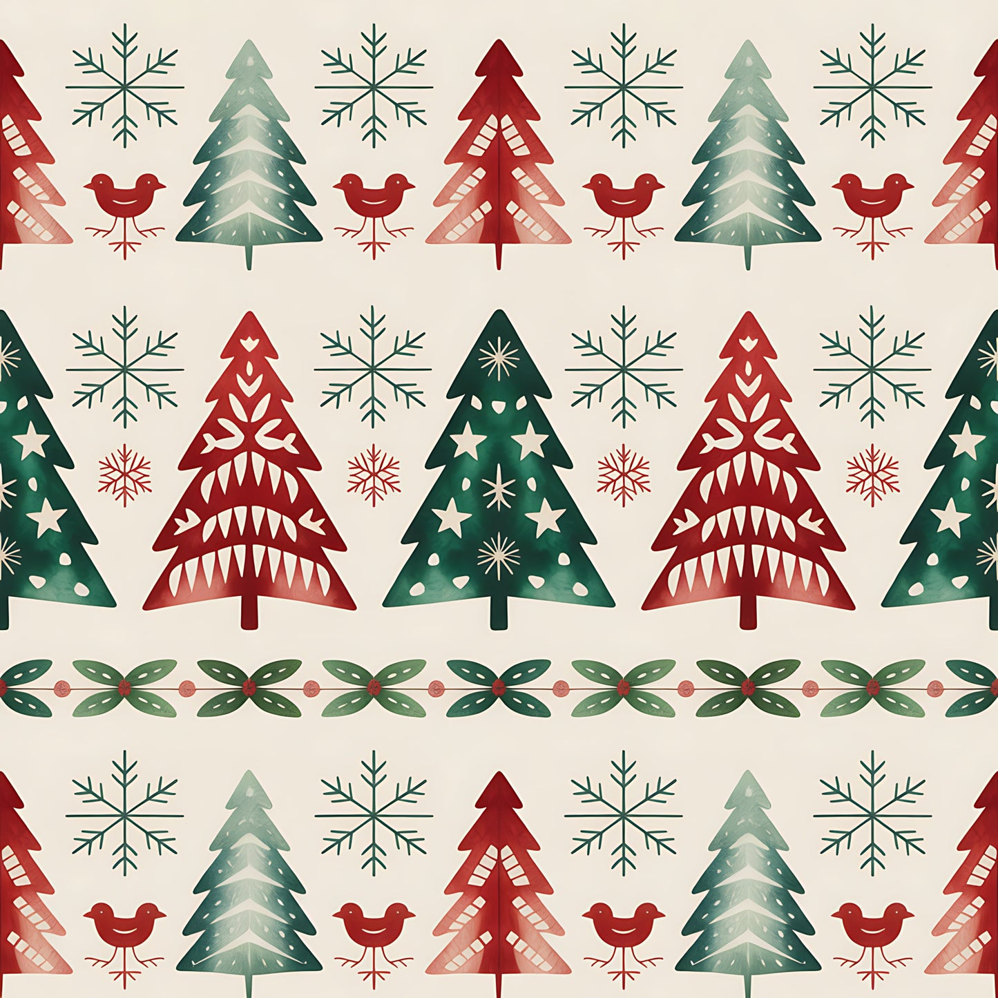 christmas trees, snowflakes, red birds, folk art, scandinavian style, geometric patterns, red green cream, winter motifs, quilting cotton, fabric panel, festive design, decorative borders, holiday theme, nordic style, repeating pattern, seasonal fabric, craft material, cotton fabric, christmas motifs, winter birds