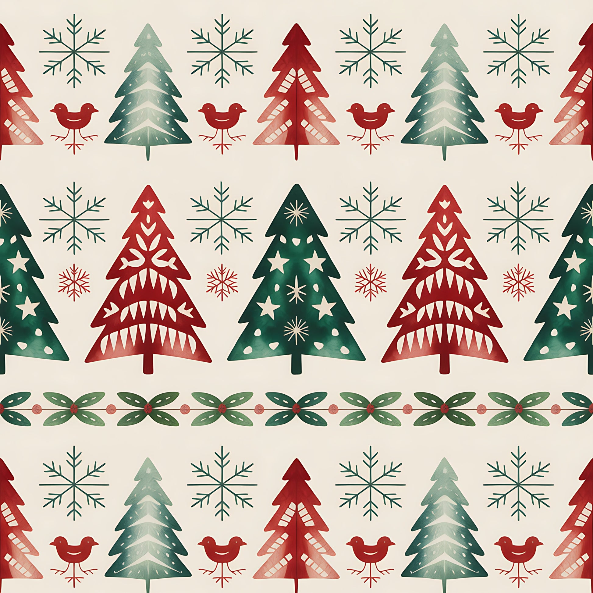 christmas trees, snowflakes, red birds, folk art, scandinavian style, geometric patterns, red green cream, winter motifs, quilting cotton, fabric panel, festive design, decorative borders, holiday theme, nordic style, repeating pattern, seasonal fabric, craft material, cotton fabric, christmas motifs, winter birds