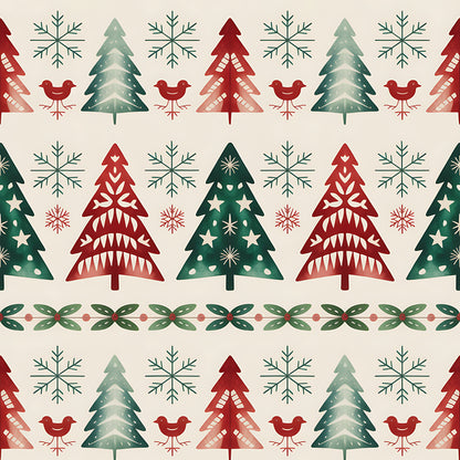 christmas trees, snowflakes, red birds, folk art, scandinavian style, geometric patterns, red green cream, winter motifs, quilting cotton, fabric panel, festive design, decorative borders, holiday theme, nordic style, repeating pattern, seasonal fabric, craft material, cotton fabric, christmas motifs, winter birds