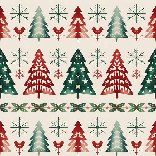 christmas trees, snowflakes, red birds, folk art, scandinavian style, geometric patterns, red green cream, winter motifs, quilting cotton, fabric panel, festive design, decorative borders, holiday theme, nordic style, repeating pattern, seasonal fabric, craft material, cotton fabric, christmas motifs, winter birds
