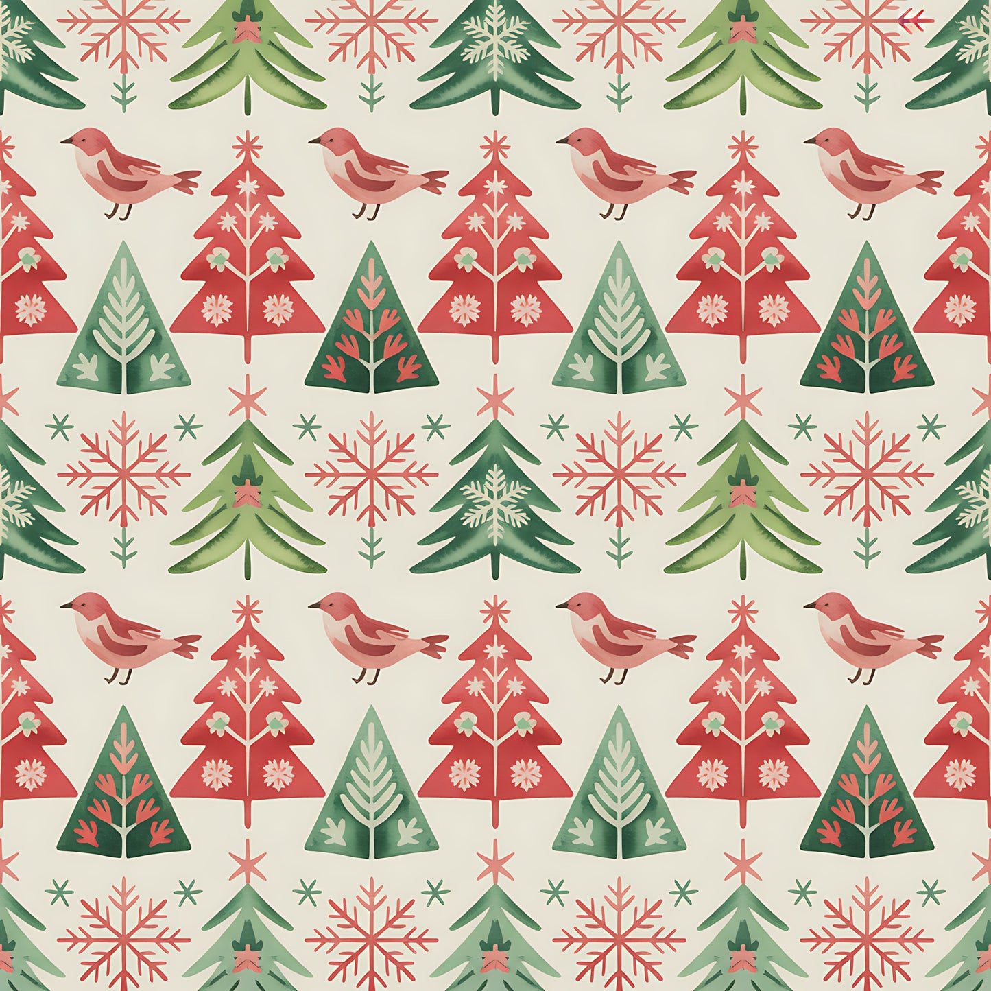 scandinavian folk, christmas pattern, red birds, evergreen trees, snowflakes, geometric triangles, coral pink, forest green, cream background, quilting cotton, fabric panel, winter motifs, nordic style, repetitive pattern, holiday fabric, festive design, nature elements, folk art, seasonal quilting