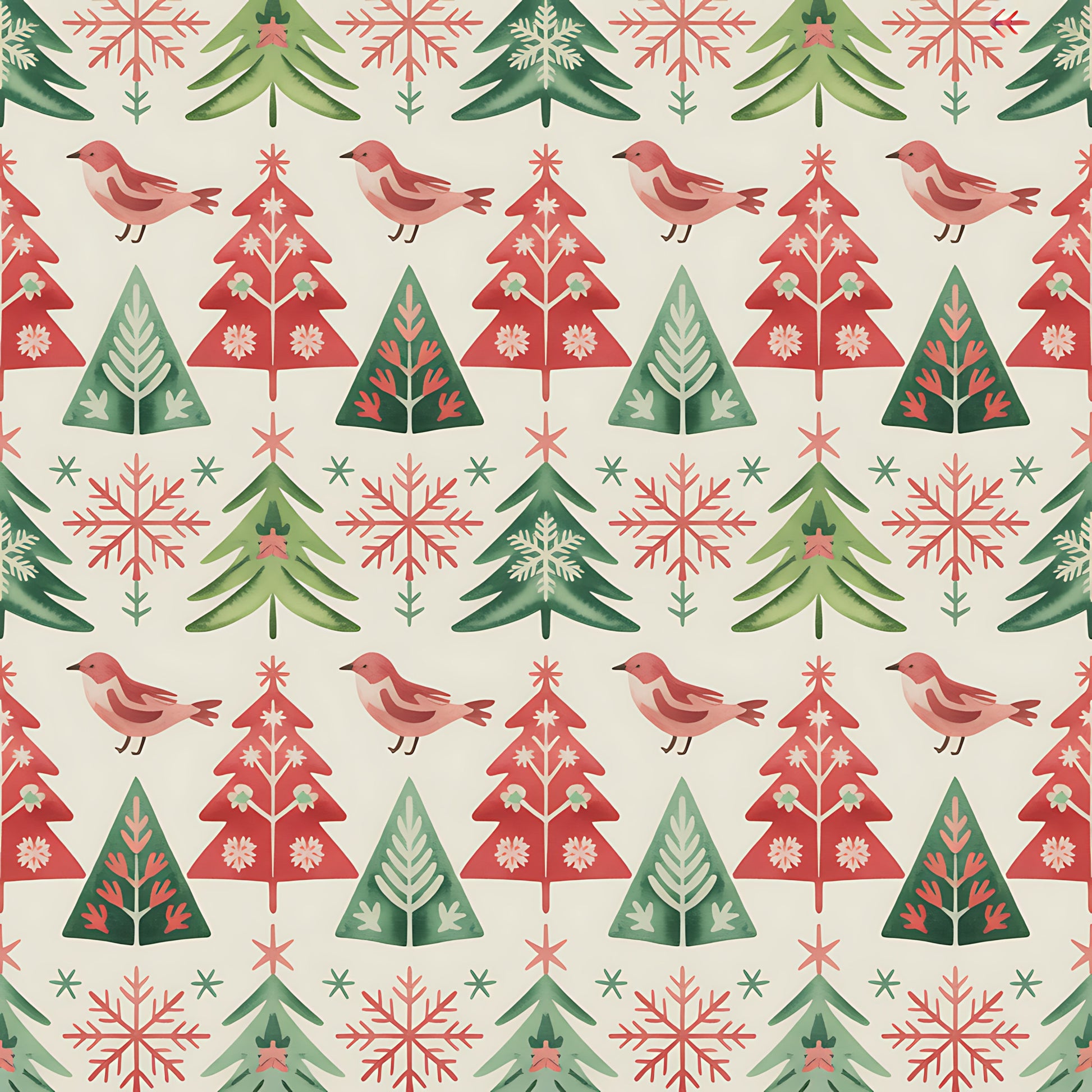 scandinavian folk, christmas pattern, red birds, evergreen trees, snowflakes, geometric triangles, coral pink, forest green, cream background, quilting cotton, fabric panel, winter motifs, nordic style, repetitive pattern, holiday fabric, festive design, nature elements, folk art, seasonal quilting