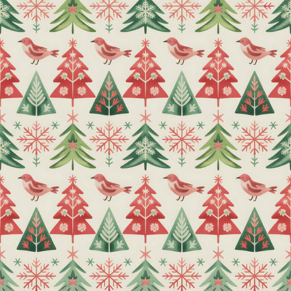 scandinavian folk, christmas pattern, red birds, evergreen trees, snowflakes, geometric triangles, coral pink, forest green, cream background, quilting cotton, fabric panel, winter motifs, nordic style, repetitive pattern, holiday fabric, festive design, nature elements, folk art, seasonal quilting