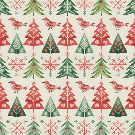 scandinavian folk, christmas pattern, red birds, evergreen trees, snowflakes, geometric triangles, coral pink, forest green, cream background, quilting cotton, fabric panel, winter motifs, nordic style, repetitive pattern, holiday fabric, festive design, nature elements, folk art, seasonal quilting
