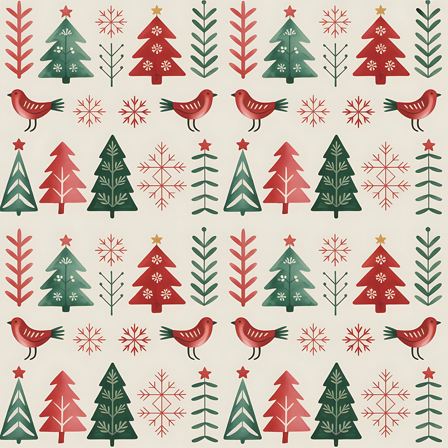 red, green, beige, cream, christmas trees, birds, snowflakes, folk art, scandinavian style, geometric patterns, repeating motifs, winter theme, holiday fabric, quilting cotton, fabric panel, festive design, nordic inspired, seasonal patterns, decorative elements, craft fabric