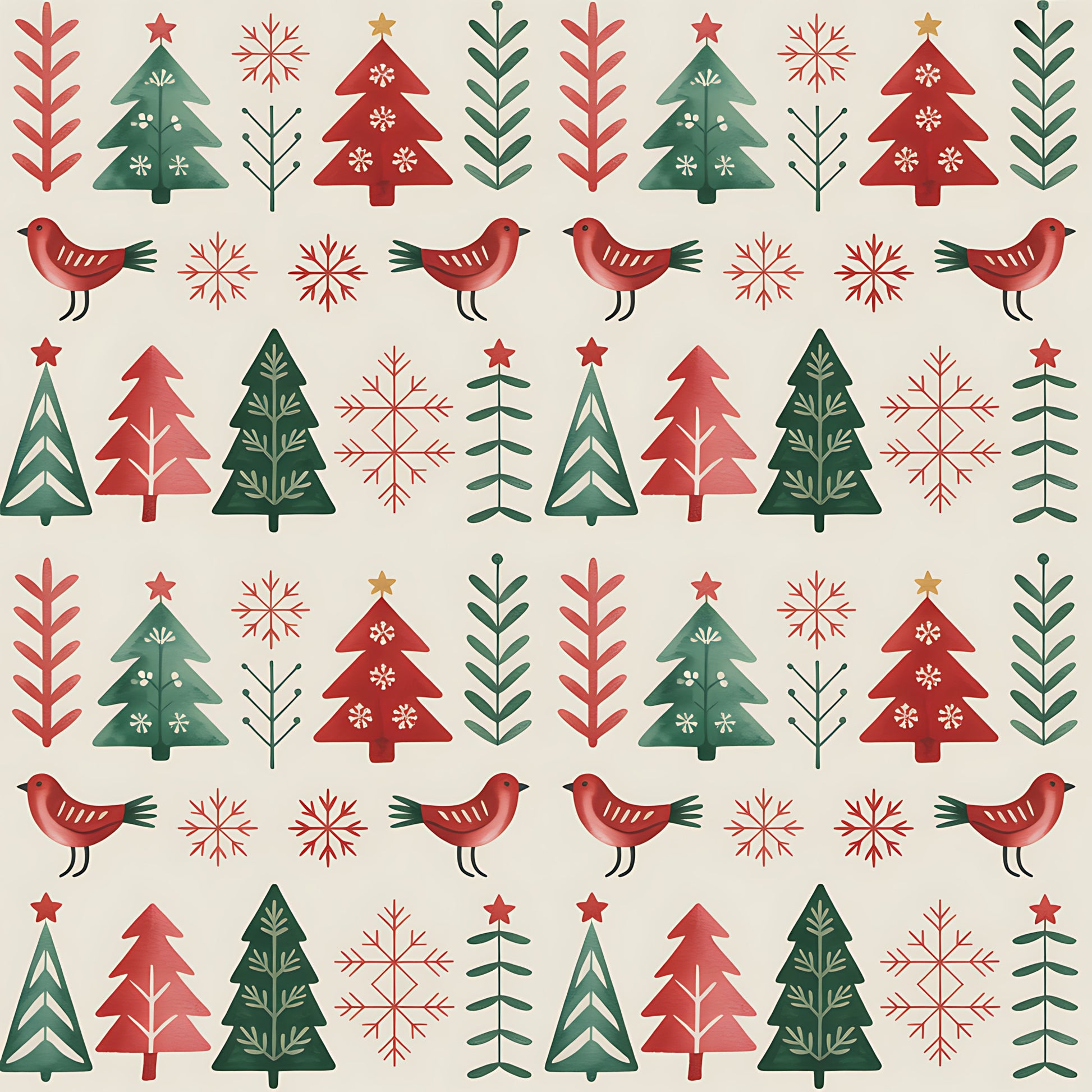 red, green, beige, cream, christmas trees, birds, snowflakes, folk art, scandinavian style, geometric patterns, repeating motifs, winter theme, holiday fabric, quilting cotton, fabric panel, festive design, nordic inspired, seasonal patterns, decorative elements, craft fabric
