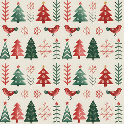red, green, beige, cream, christmas trees, birds, snowflakes, folk art, scandinavian style, geometric patterns, repeating motifs, winter theme, holiday fabric, quilting cotton, fabric panel, festive design, nordic inspired, seasonal patterns, decorative elements, craft fabric