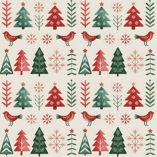 red, green, beige, cream, christmas trees, birds, snowflakes, folk art, scandinavian style, geometric patterns, repeating motifs, winter theme, holiday fabric, quilting cotton, fabric panel, festive design, nordic inspired, seasonal patterns, decorative elements, craft fabric