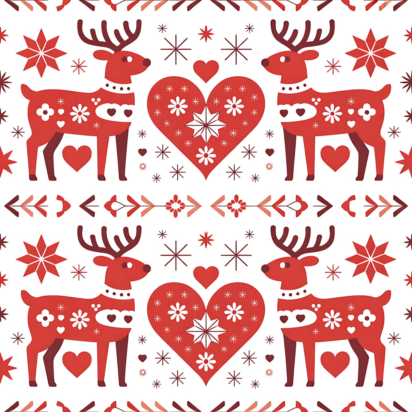 red, white, burgundy, reindeer, hearts, snowflakes, folk art, scandinavian, christmas, winter, geometric patterns, floral motifs, quilting cotton, fabric panel, holiday themed, nordic style, symmetrical design, decorative elements, festive pattern, seasonal fabric