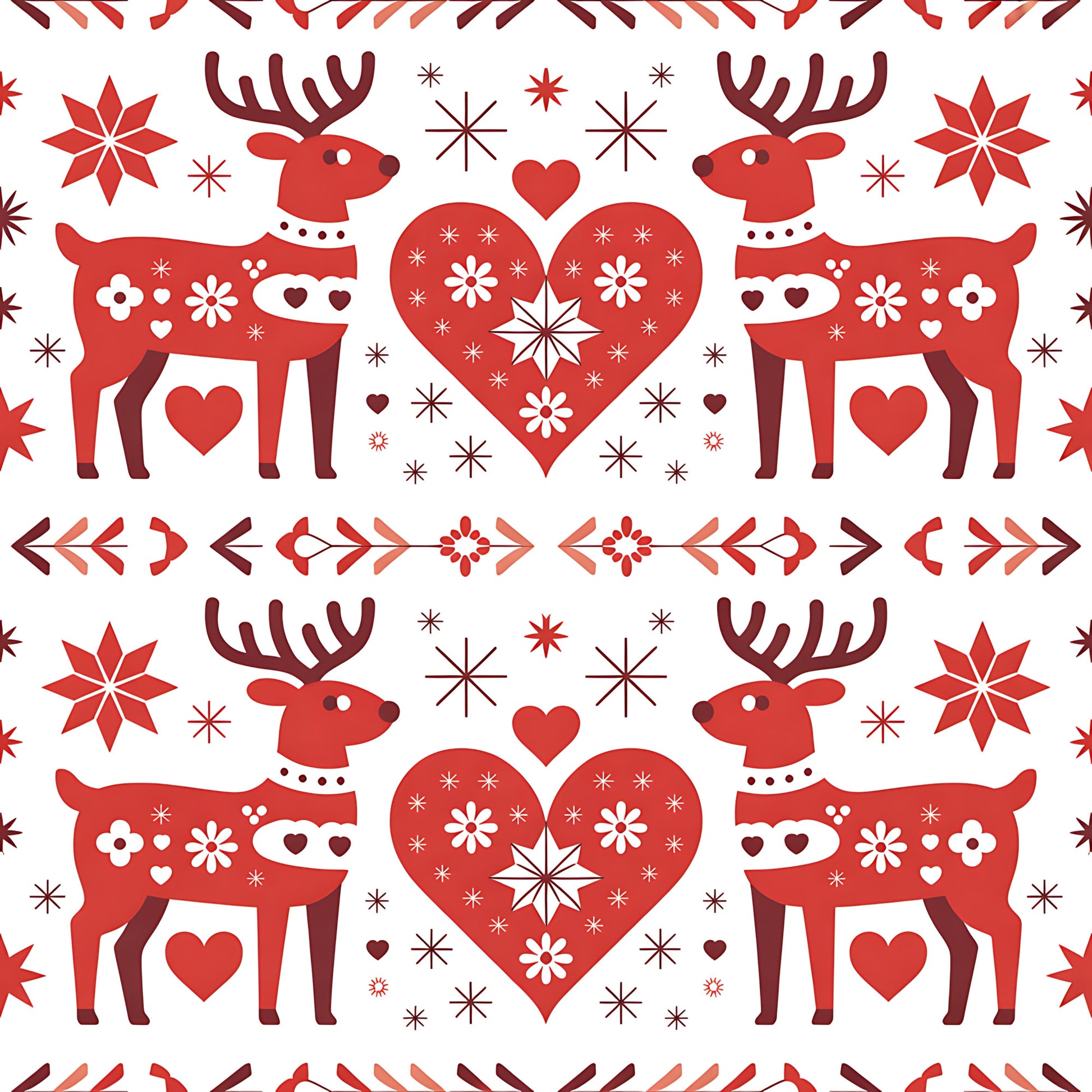 red, white, burgundy, reindeer, hearts, snowflakes, folk art, scandinavian, christmas, winter, geometric patterns, floral motifs, quilting cotton, fabric panel, holiday themed, nordic style, symmetrical design, decorative elements, festive pattern, seasonal fabric