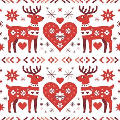 red, white, burgundy, reindeer, hearts, snowflakes, folk art, scandinavian, christmas, winter, geometric patterns, floral motifs, quilting cotton, fabric panel, holiday themed, nordic style, symmetrical design, decorative elements, festive pattern, seasonal fabric