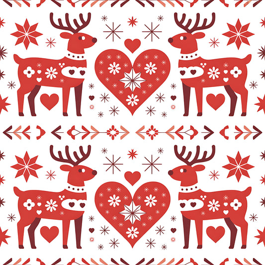 red, white, burgundy, reindeer, hearts, snowflakes, folk art, scandinavian, christmas, winter, geometric patterns, floral motifs, quilting cotton, fabric panel, holiday themed, nordic style, symmetrical design, decorative elements, festive pattern, seasonal fabric