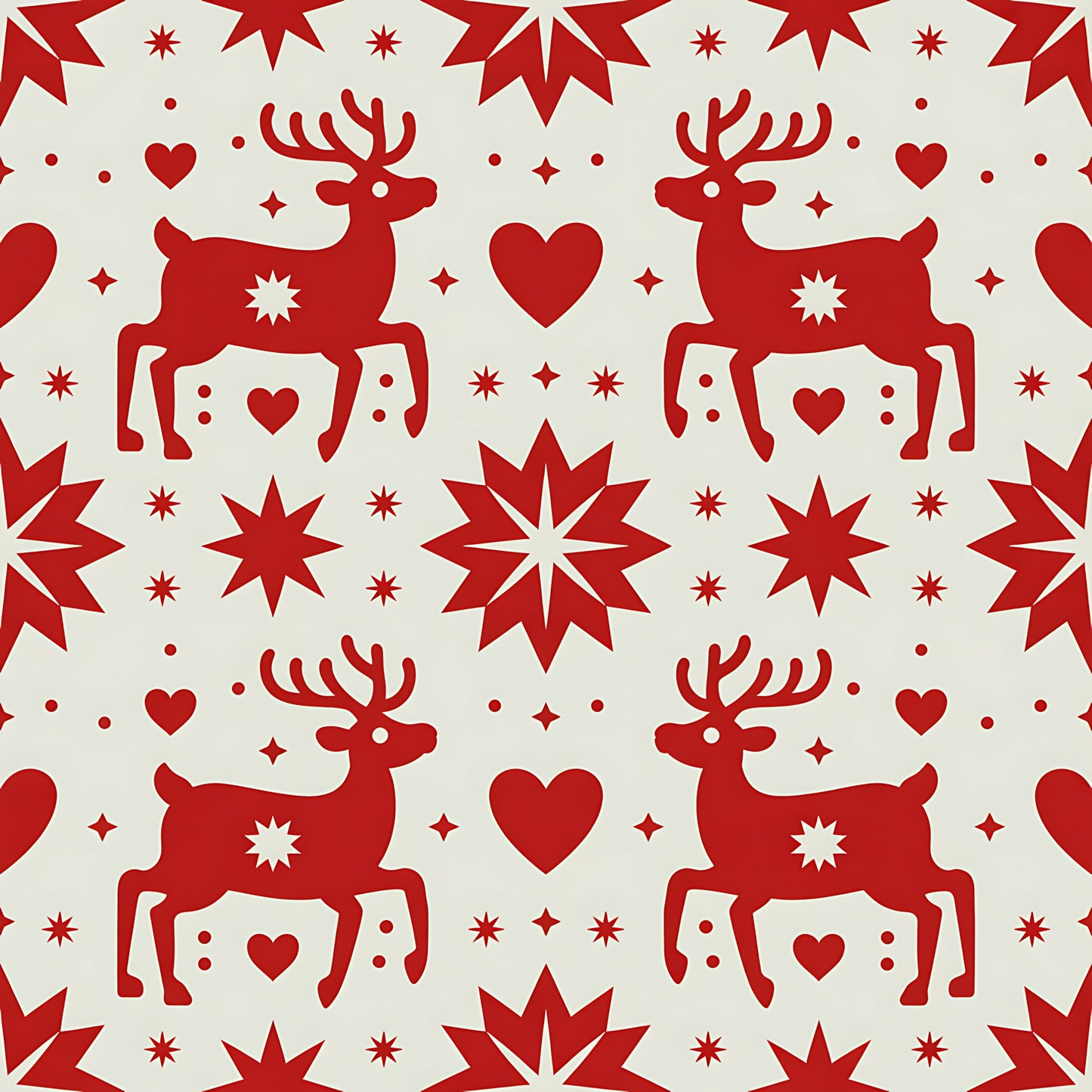 red, cream, reindeer, deer, hearts, stars, snowflakes, scandinavian folk, nordic design, christmas motifs, winter pattern, quilting cotton, fabric panel, geometric stars, holiday fabric, festive design, folk art style, repeating pattern, silhouette design, seasonal fabric
