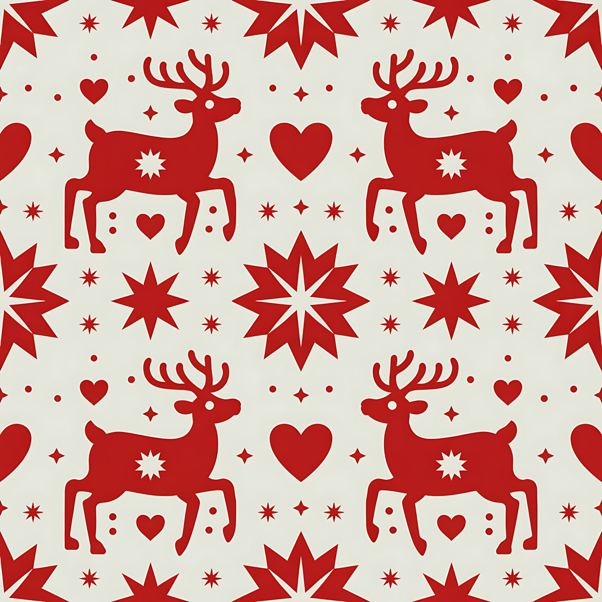 red, cream, reindeer, deer, hearts, stars, snowflakes, scandinavian folk, nordic design, christmas motifs, winter pattern, quilting cotton, fabric panel, geometric stars, holiday fabric, festive design, folk art style, repeating pattern, silhouette design, seasonal fabric