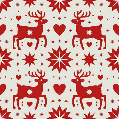 red, cream, reindeer, deer, hearts, stars, snowflakes, scandinavian folk, nordic design, christmas motifs, winter pattern, quilting cotton, fabric panel, geometric stars, holiday fabric, festive design, folk art style, repeating pattern, silhouette design, seasonal fabric