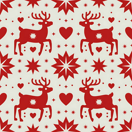 red, cream, reindeer, deer, hearts, stars, snowflakes, scandinavian folk, nordic design, christmas motifs, winter pattern, quilting cotton, fabric panel, geometric stars, holiday fabric, festive design, folk art style, repeating pattern, silhouette design, seasonal fabric