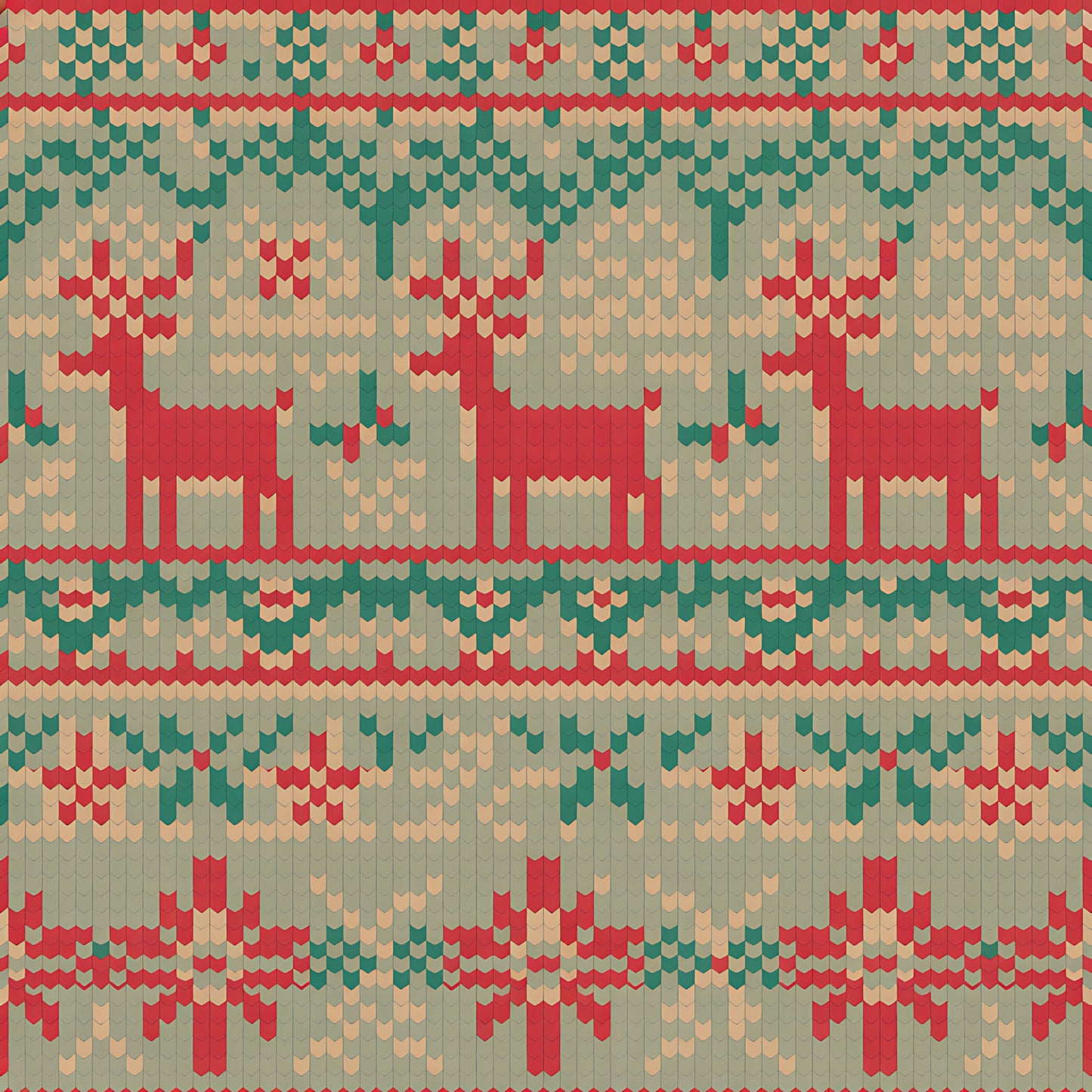 forest green, coral red, cream, beige, reindeer, deer, folk art, scandinavian style, knit pattern, fair isle, christmas motifs, holiday design, geometric patterns, nordic style, quilting cotton, fabric panel, winter theme, festive colors, chevron details, repeating pattern