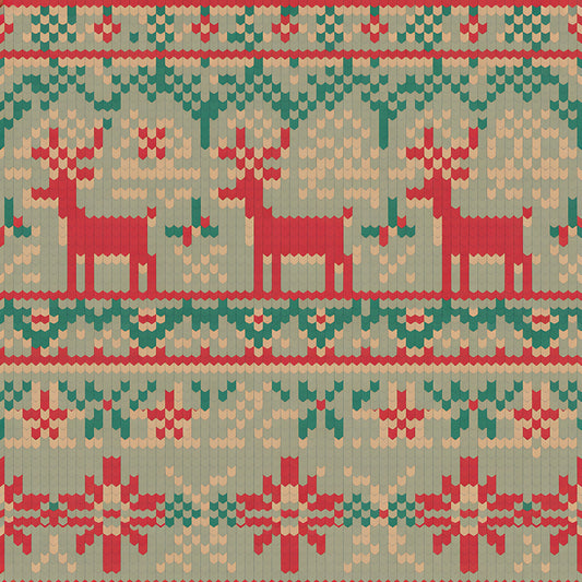 forest green, coral red, cream, beige, reindeer, deer, folk art, scandinavian style, knit pattern, fair isle, christmas motifs, holiday design, geometric patterns, nordic style, quilting cotton, fabric panel, winter theme, festive colors, chevron details, repeating pattern