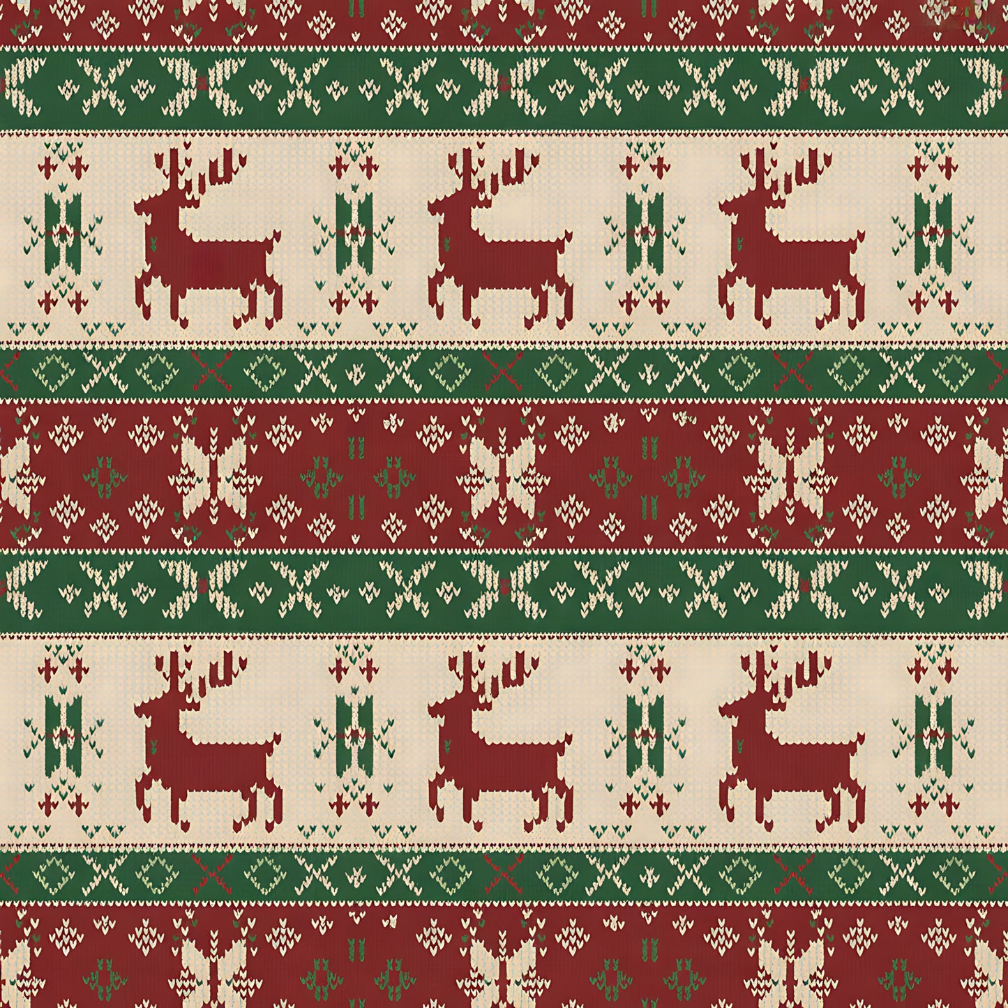 burgundy, forest green, cream, beige, reindeer, deer, snowflakes, geometric patterns, nordic motifs, fair isle design, knitted texture, horizontal stripes, christmas theme, winter patterns, scandinavian style, quilting cotton, fabric panel, holiday design, festive motifs, folk art