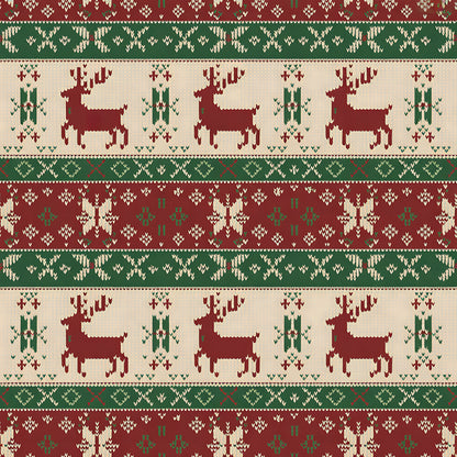 burgundy, forest green, cream, beige, reindeer, deer, snowflakes, geometric patterns, nordic motifs, fair isle design, knitted texture, horizontal stripes, christmas theme, winter patterns, scandinavian style, quilting cotton, fabric panel, holiday design, festive motifs, folk art