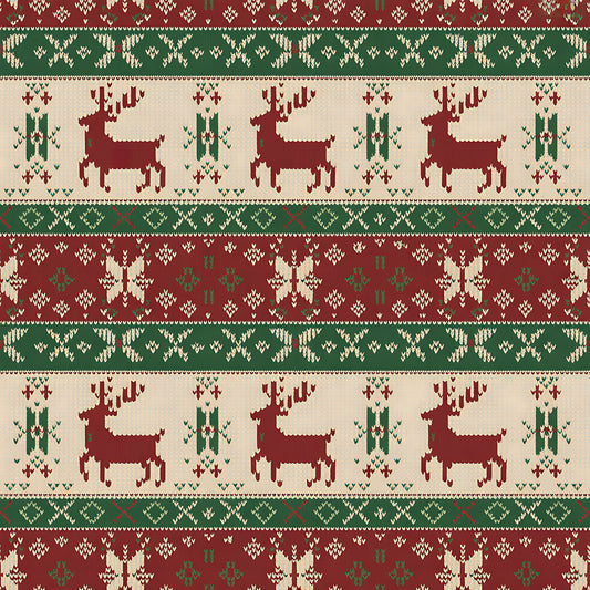 burgundy, forest green, cream, beige, reindeer, deer, snowflakes, geometric patterns, nordic motifs, fair isle design, knitted texture, horizontal stripes, christmas theme, winter patterns, scandinavian style, quilting cotton, fabric panel, holiday design, festive motifs, folk art