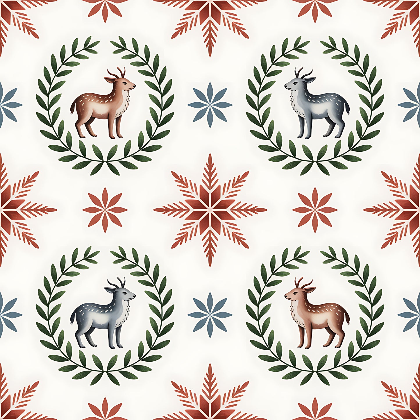 cream background, burgundy red, forest green, slate blue, deer motifs, laurel wreaths, snowflake patterns, folk art style, scandinavian design, christmas theme, quilting cotton, fabric panel, geometric florals, winter elements, repeating pattern, woodland animals, holiday crafting, nordic inspired, botanical borders, festive motifs