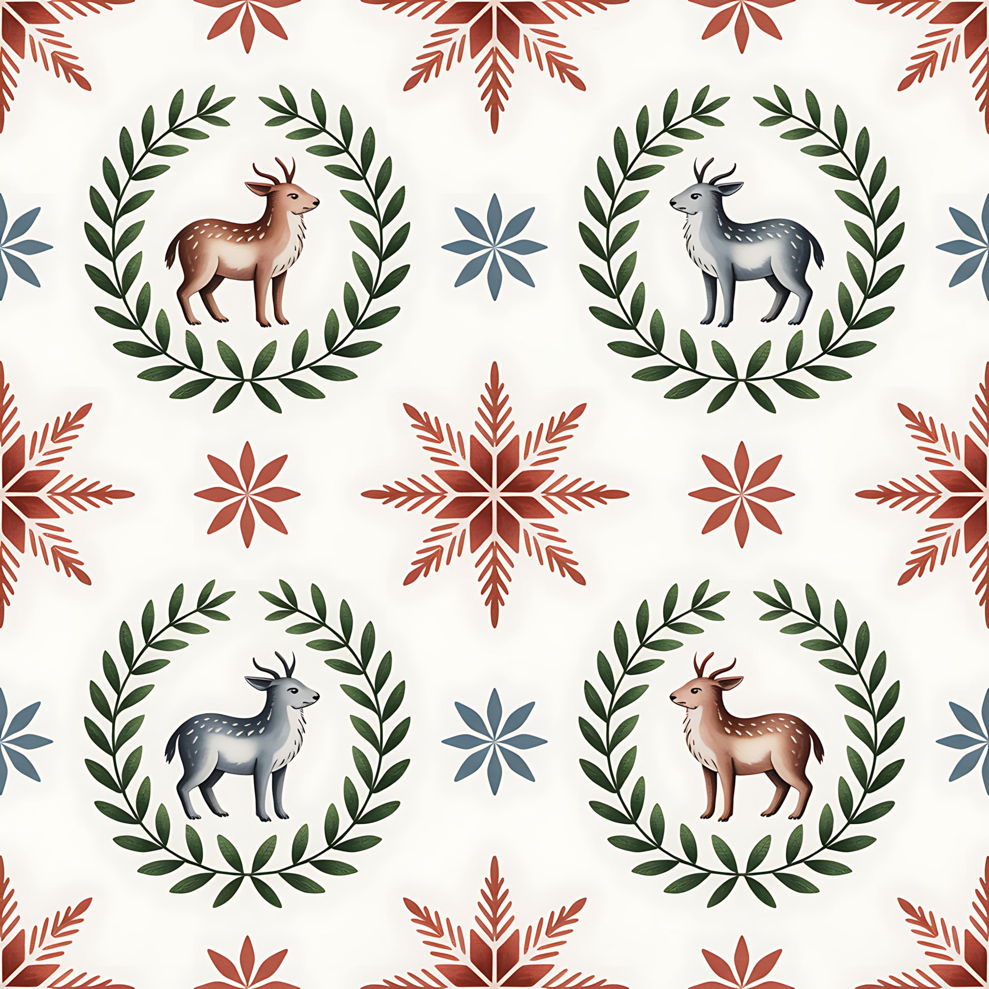 cream background, burgundy red, forest green, slate blue, deer motifs, laurel wreaths, snowflake patterns, folk art style, scandinavian design, christmas theme, quilting cotton, fabric panel, geometric florals, winter elements, repeating pattern, woodland animals, holiday crafting, nordic inspired, botanical borders, festive motifs