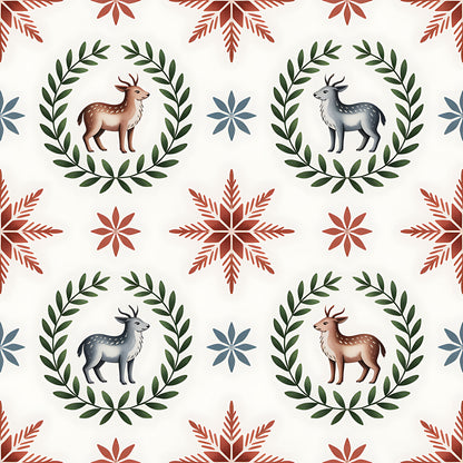 cream background, burgundy red, forest green, slate blue, deer motifs, laurel wreaths, snowflake patterns, folk art style, scandinavian design, christmas theme, quilting cotton, fabric panel, geometric florals, winter elements, repeating pattern, woodland animals, holiday crafting, nordic inspired, botanical borders, festive motifs