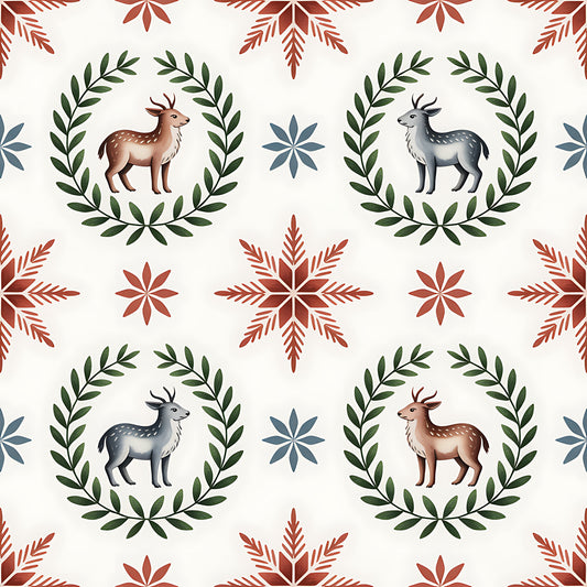 cream background, burgundy red, forest green, slate blue, deer motifs, laurel wreaths, snowflake patterns, folk art style, scandinavian design, christmas theme, quilting cotton, fabric panel, geometric florals, winter elements, repeating pattern, woodland animals, holiday crafting, nordic inspired, botanical borders, festive motifs