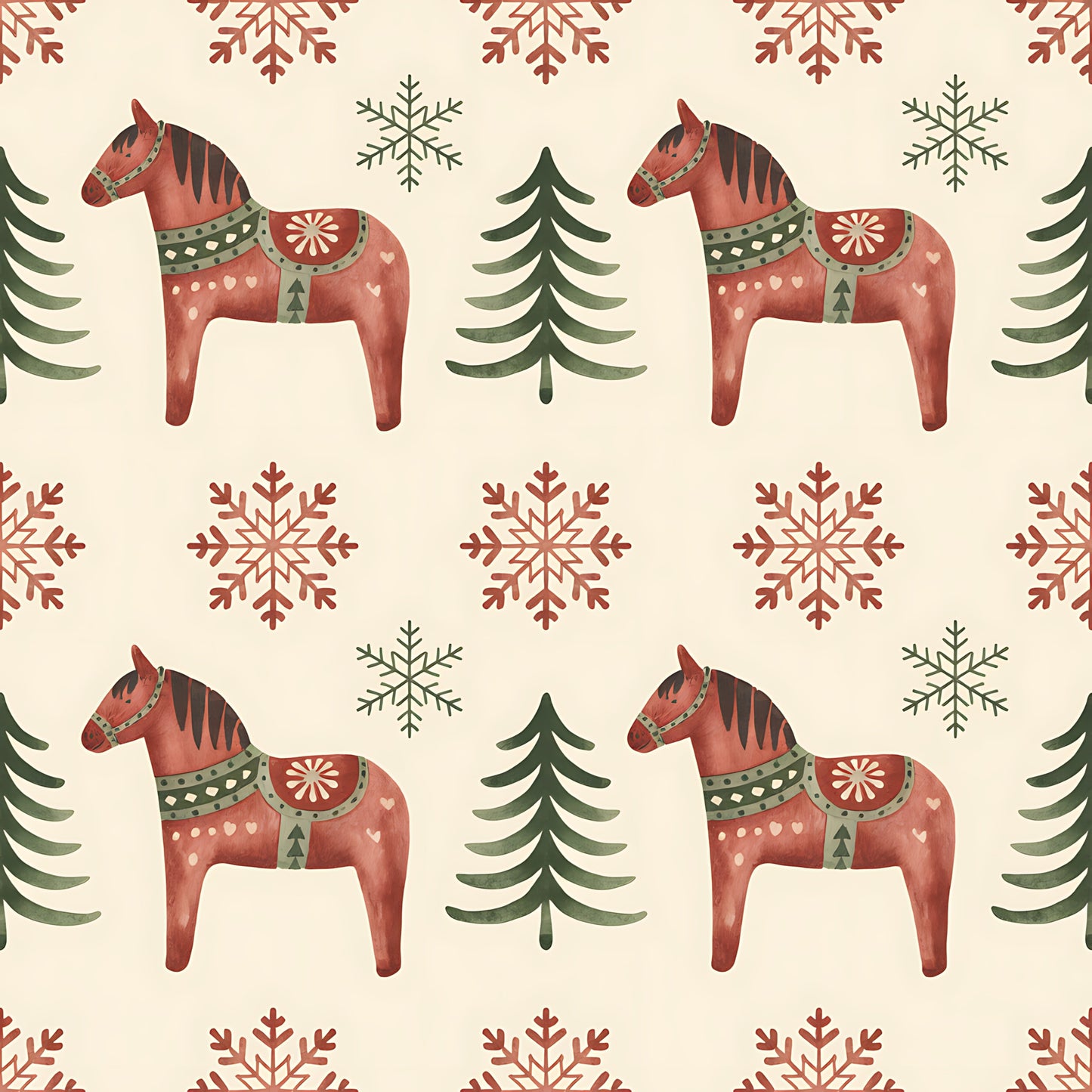 scandinavian folk, christmas pattern, dala horses, red horses, snowflakes, evergreen trees, coral red, sage green, cream background, nordic design, folk art, decorative horses, winter motifs, quilting cotton, fabric panel, geometric snowflakes, pine trees, festive pattern, repeating design, holiday fabric