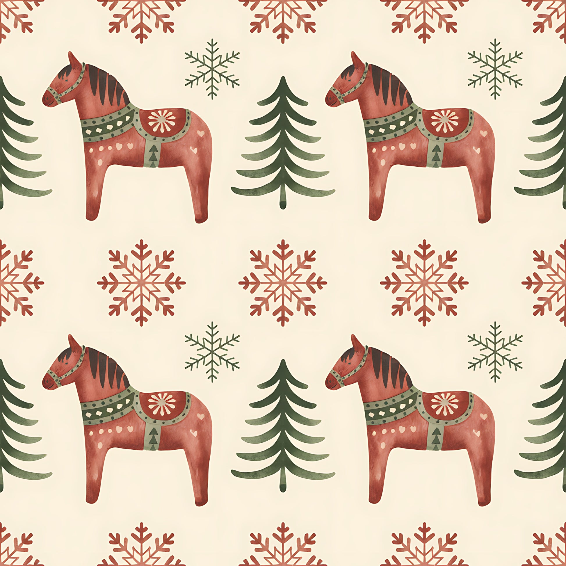 scandinavian folk, christmas pattern, dala horses, red horses, snowflakes, evergreen trees, coral red, sage green, cream background, nordic design, folk art, decorative horses, winter motifs, quilting cotton, fabric panel, geometric snowflakes, pine trees, festive pattern, repeating design, holiday fabric
